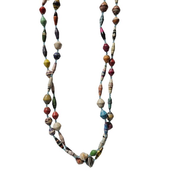 Handmade Boho Recycled Paper Bead Necklace Eco Friendly Fashion Jewelry Women - Picture 1 of 5
